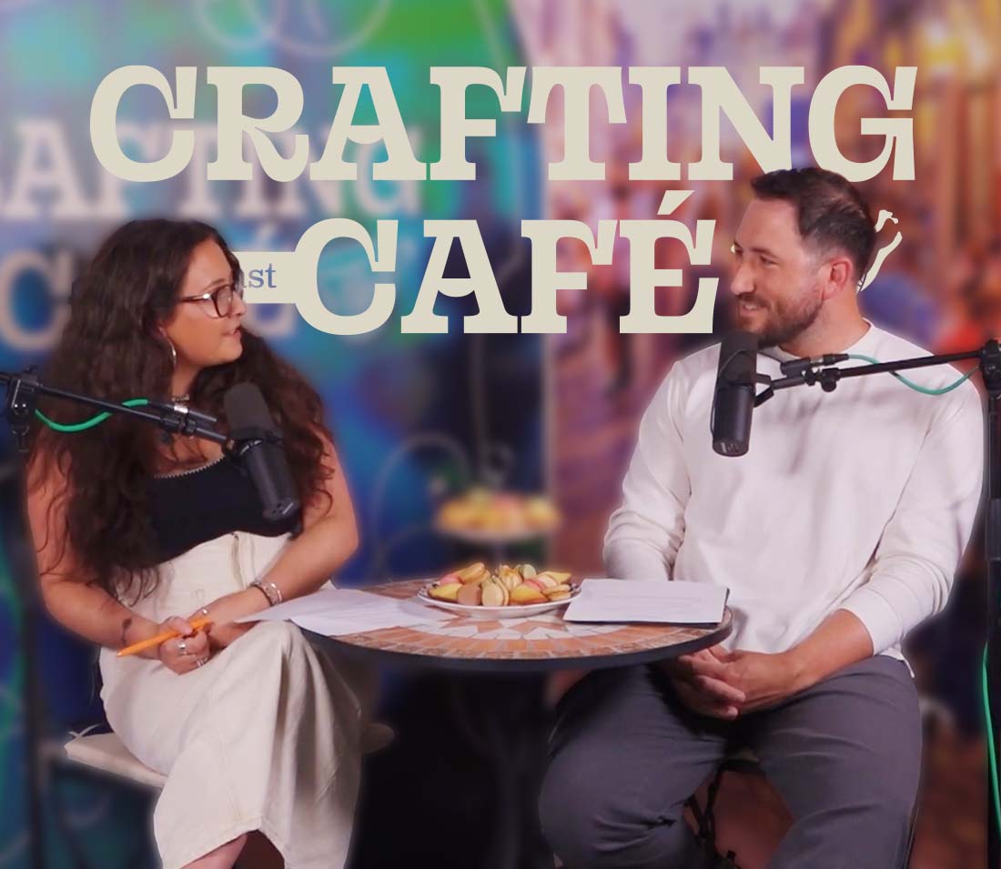 Presenters sitting in Crafting Cafe podcast studio and crafting cafe logo